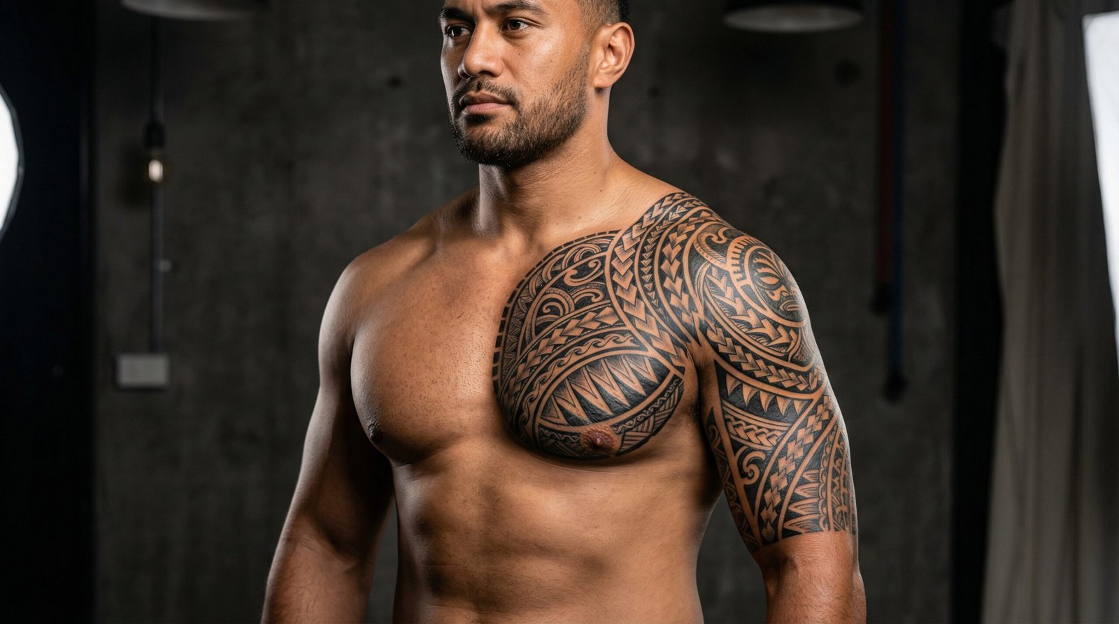 A beautifully healed custom Polynesian tribal chest and half-sleeve tattoo by the artists at Black Poison Tattoo Studio in Ahmedabad.