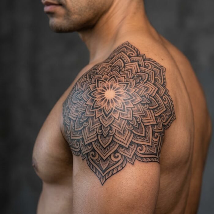 A perfectly mapped, custom geometric mandala shoulder tattoo crafted by the artists at Black Poison Tattoo Studio in Ahmedabad.