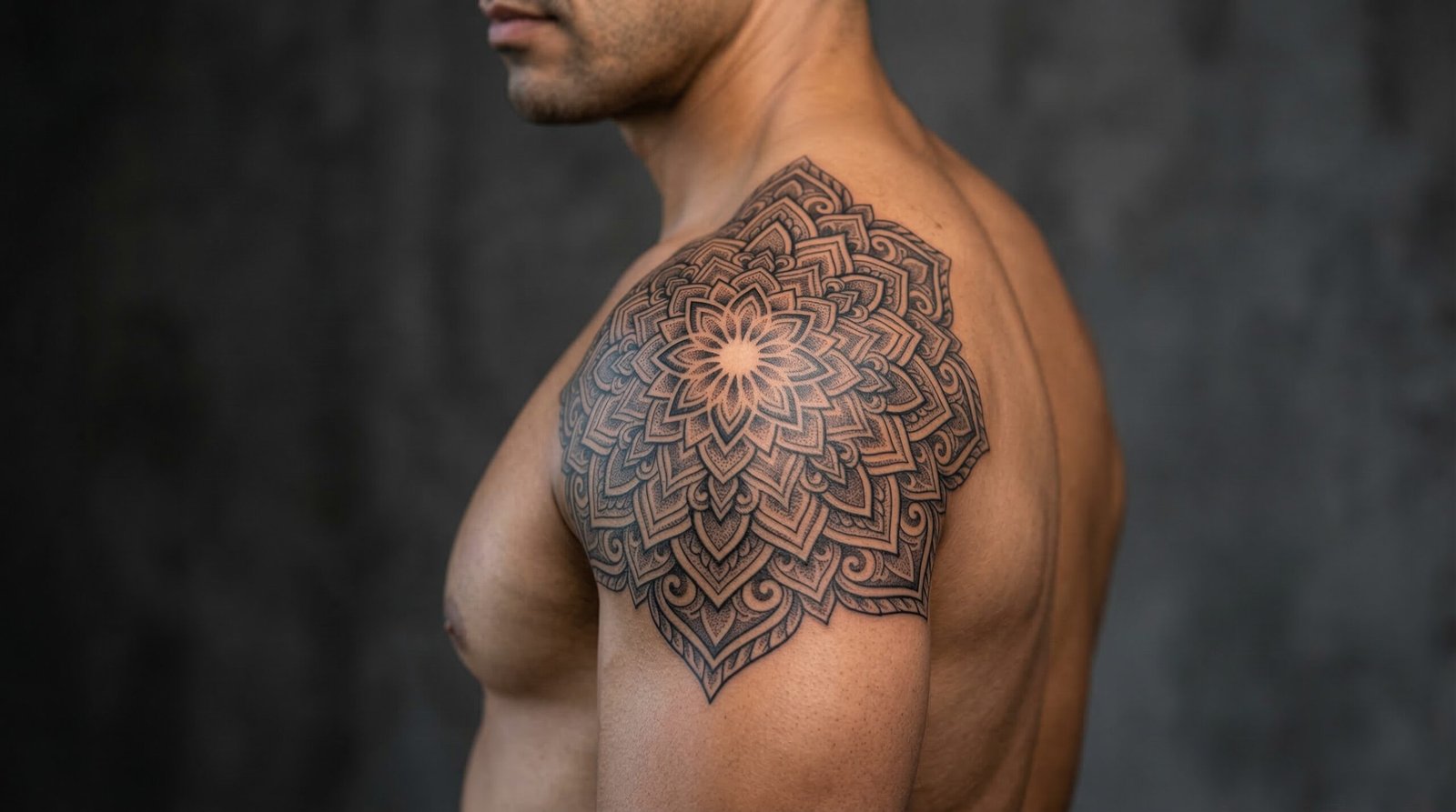 A perfectly mapped, custom geometric mandala shoulder tattoo crafted by the artists at Black Poison Tattoo Studio in Ahmedabad.