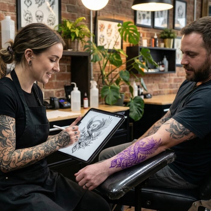 An artist sketching a bespoke custom tattoo design for a client at Black Poison Tattoo Studio in Ahmedabad.