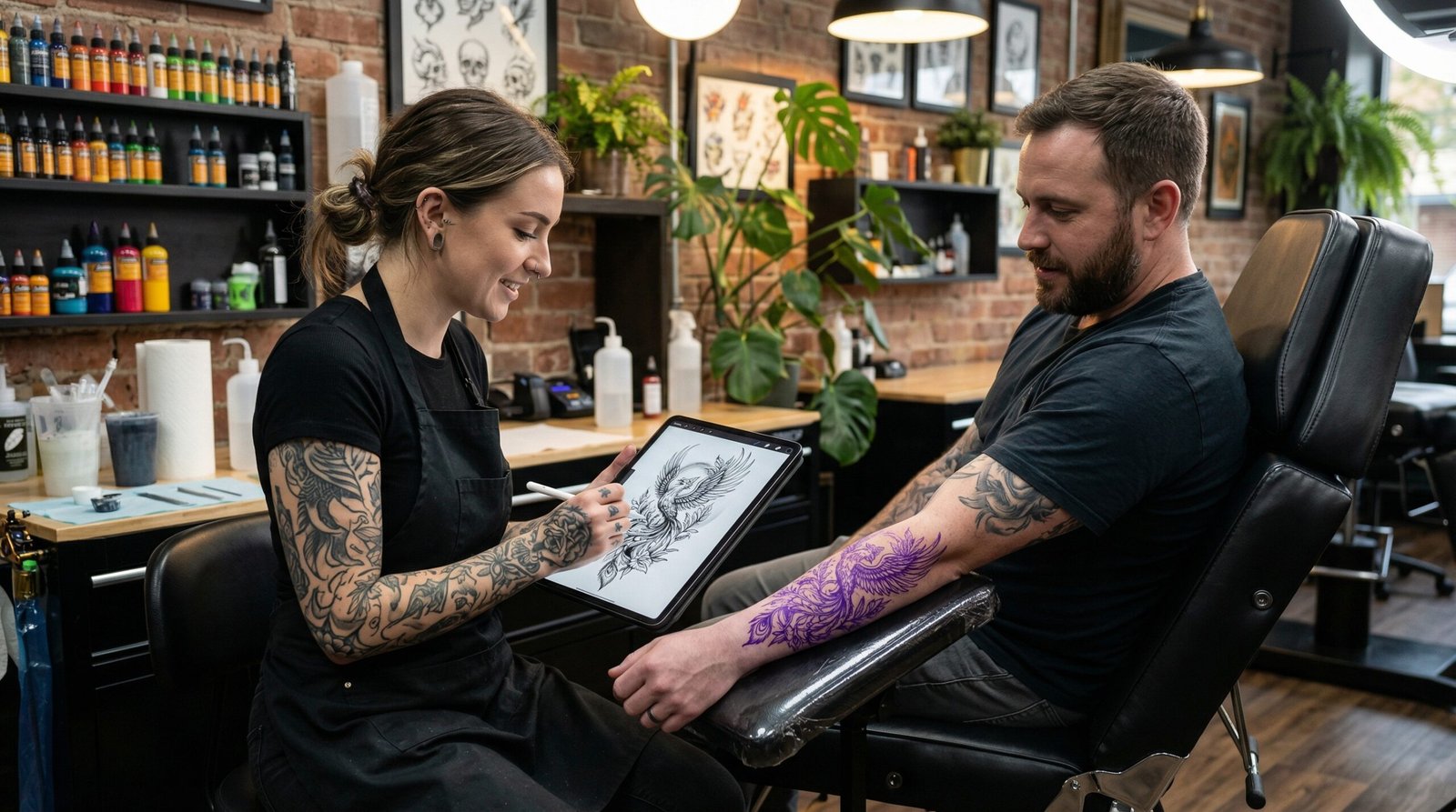 An artist sketching a bespoke custom tattoo design for a client at Black Poison Tattoo Studio in Ahmedabad.