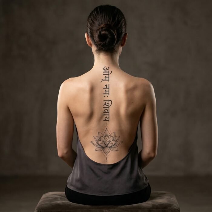 A beautifully healed, perfectly aligned fine-line Sanskrit and lotus spine tattoo by the artists at Black Poison Tattoo Studio in Ahmedabad.