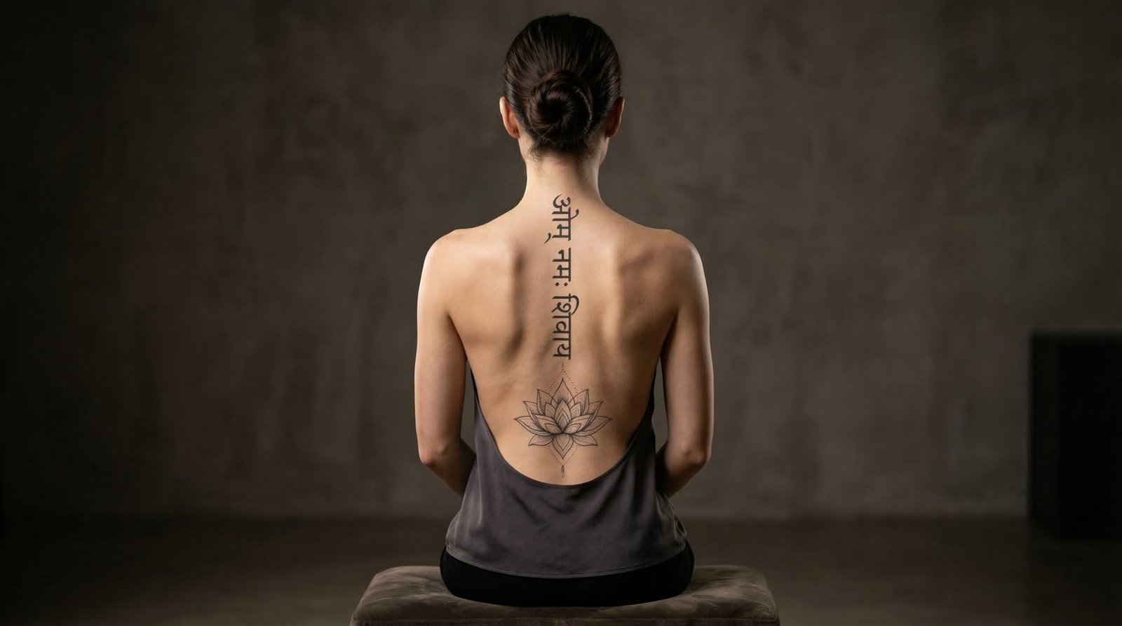 A beautifully healed, perfectly aligned fine-line Sanskrit and lotus spine tattoo by the artists at Black Poison Tattoo Studio in Ahmedabad.