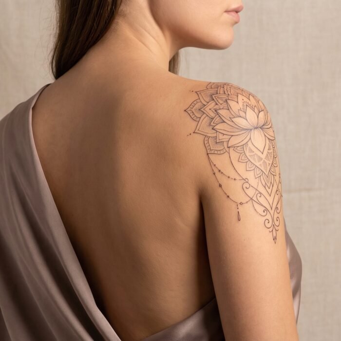 A beautifully elegant, custom fine-line floral and ornamental sternum tattoo designed for women by Black Poison Tattoo Studio in Ahmedabad.