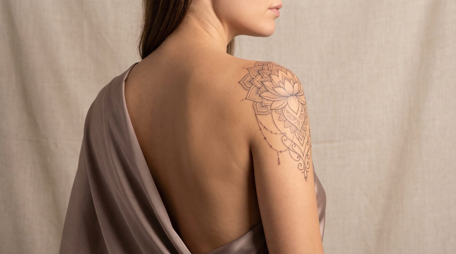 A beautifully elegant, custom fine-line floral and ornamental sternum tattoo designed for women by Black Poison Tattoo Studio in Ahmedabad.