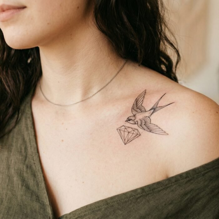 A beautifully healed, custom fine line collarbone tattoo created by the single-needle artists at Black Poison Tattoo Studio in Ahmedabad.