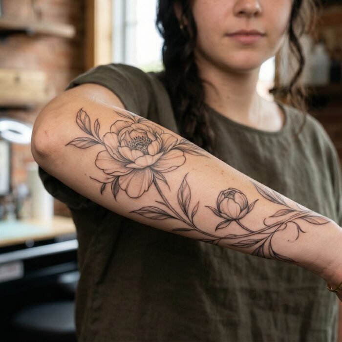A delicate, custom fine line floral and botanical tattoo done by the artists at Black Poison Tattoo Studio in Ahmedabad.