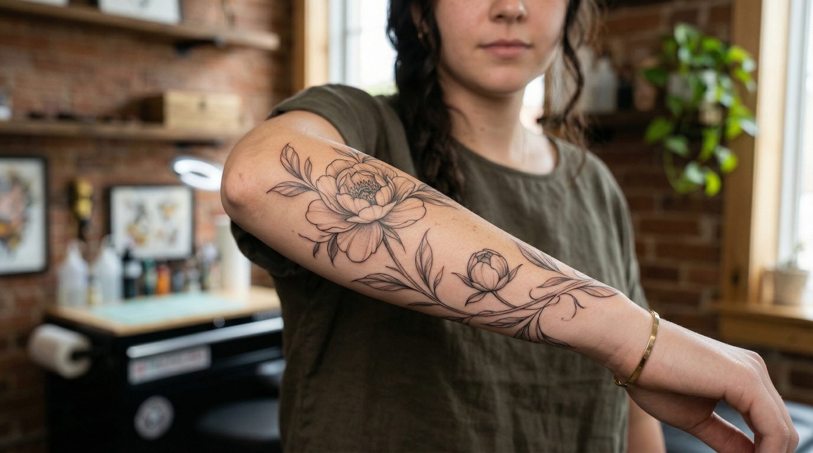 A delicate, custom fine line floral and botanical tattoo done by the artists at Black Poison Tattoo Studio in Ahmedabad.