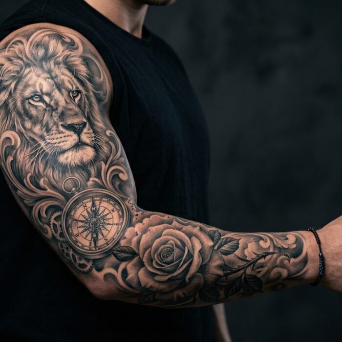 A beautifully healed, cohesive black and grey realism full sleeve tattoo done by the senior artists at Black Poison Tattoo Studio in Ahmedabad.