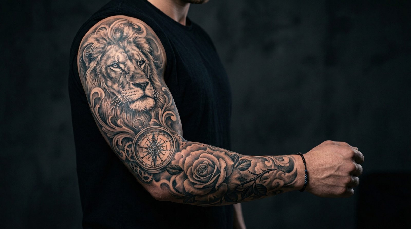 A beautifully healed, cohesive black and grey realism full sleeve tattoo done by the senior artists at Black Poison Tattoo Studio in Ahmedabad.