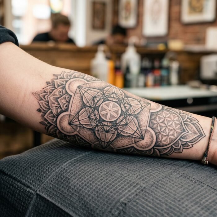 A perfectly symmetrical, custom dotwork mandala tattoo done by the precision artists at Black Poison Tattoo Studio in Ahmedabad.