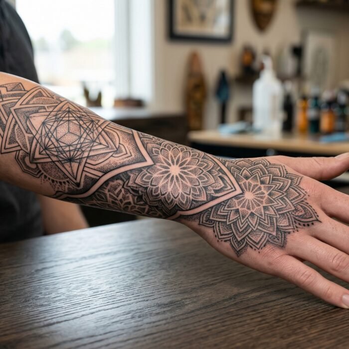 A beautifully healed custom geometric and mandala forearm and hand tattoo done by Black Poison Tattoo Studio in Ahmedabad.
