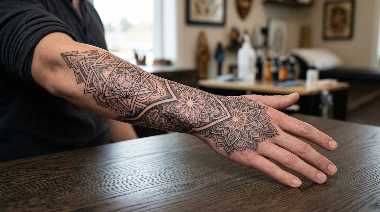 A beautifully healed custom geometric and mandala forearm and hand tattoo done by Black Poison Tattoo Studio in Ahmedabad.