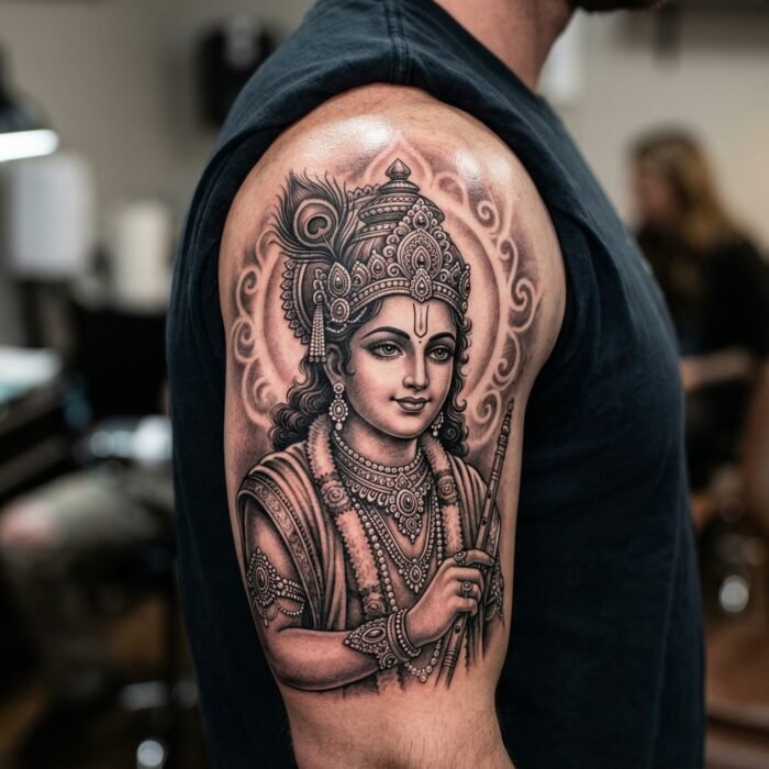 A hyper-realistic black and grey Lord Krishna mythology tattoo crafted by the senior artists at Black Poison Tattoo Studio in Ahmedabad.