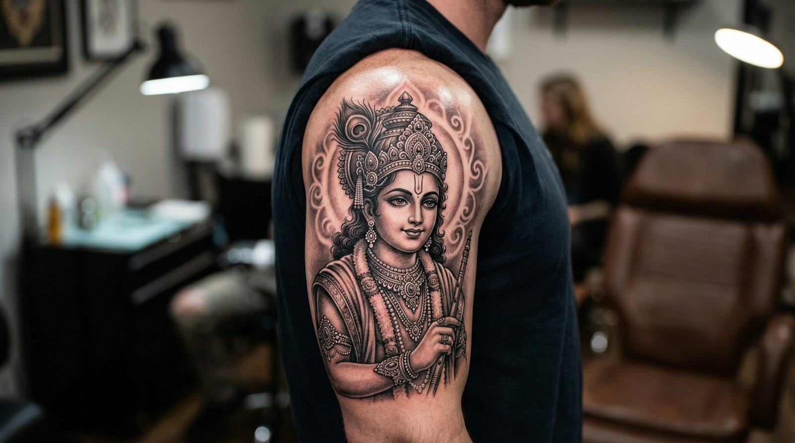 A hyper-realistic black and grey Lord Krishna mythology tattoo crafted by the senior artists at Black Poison Tattoo Studio in Ahmedabad.