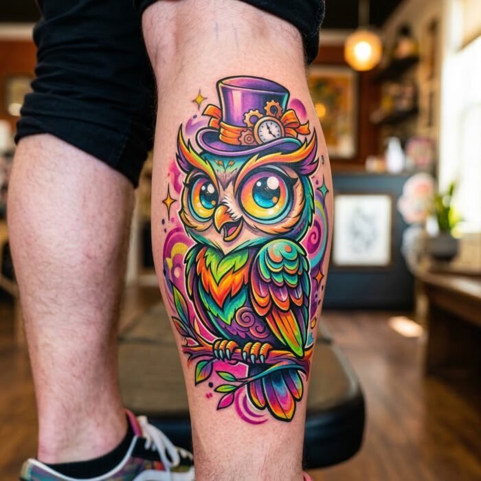 A vibrant, custom New School cartoon owl tattoo designed by the illustrative artists at Black Poison Tattoo Studio in Ahmedabad.