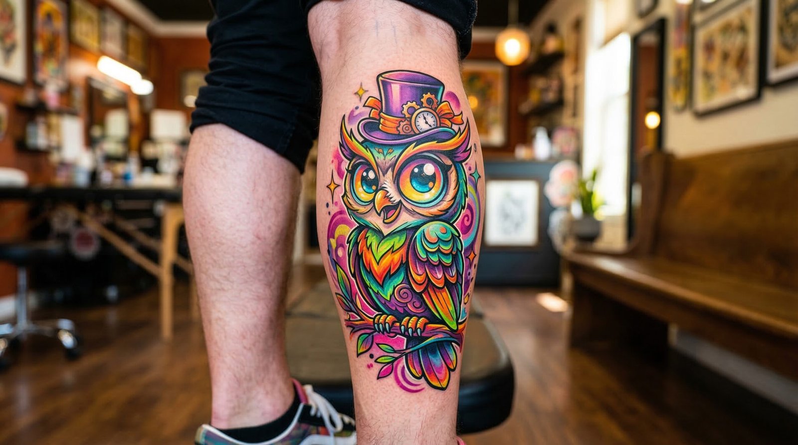 A vibrant, custom New School cartoon owl tattoo designed by the illustrative artists at Black Poison Tattoo Studio in Ahmedabad.