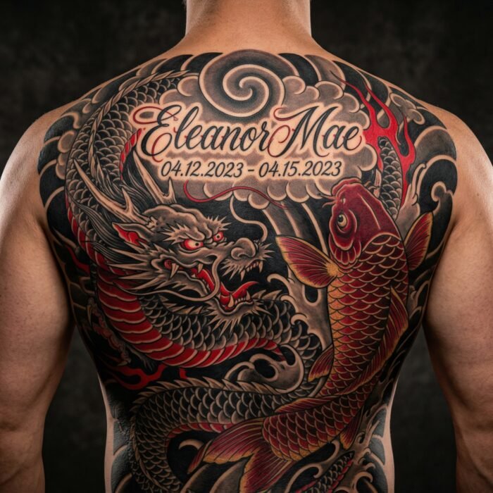 A beautifully healed custom full backpiece tattoo done by the senior artists at Black Poison Tattoo Studio in Ahmedabad.