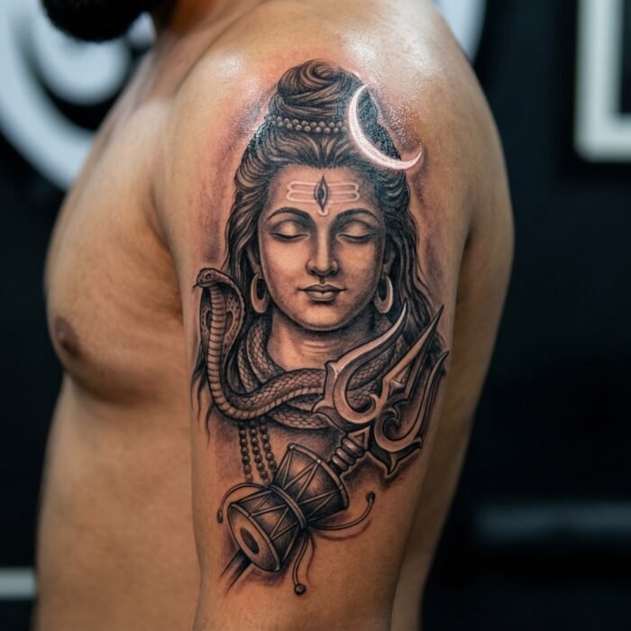 A hyper-realistic black and grey Lord Shiva portrait tattoo crafted by the senior artists at Black Poison Tattoo Studio in Ahmedabad.