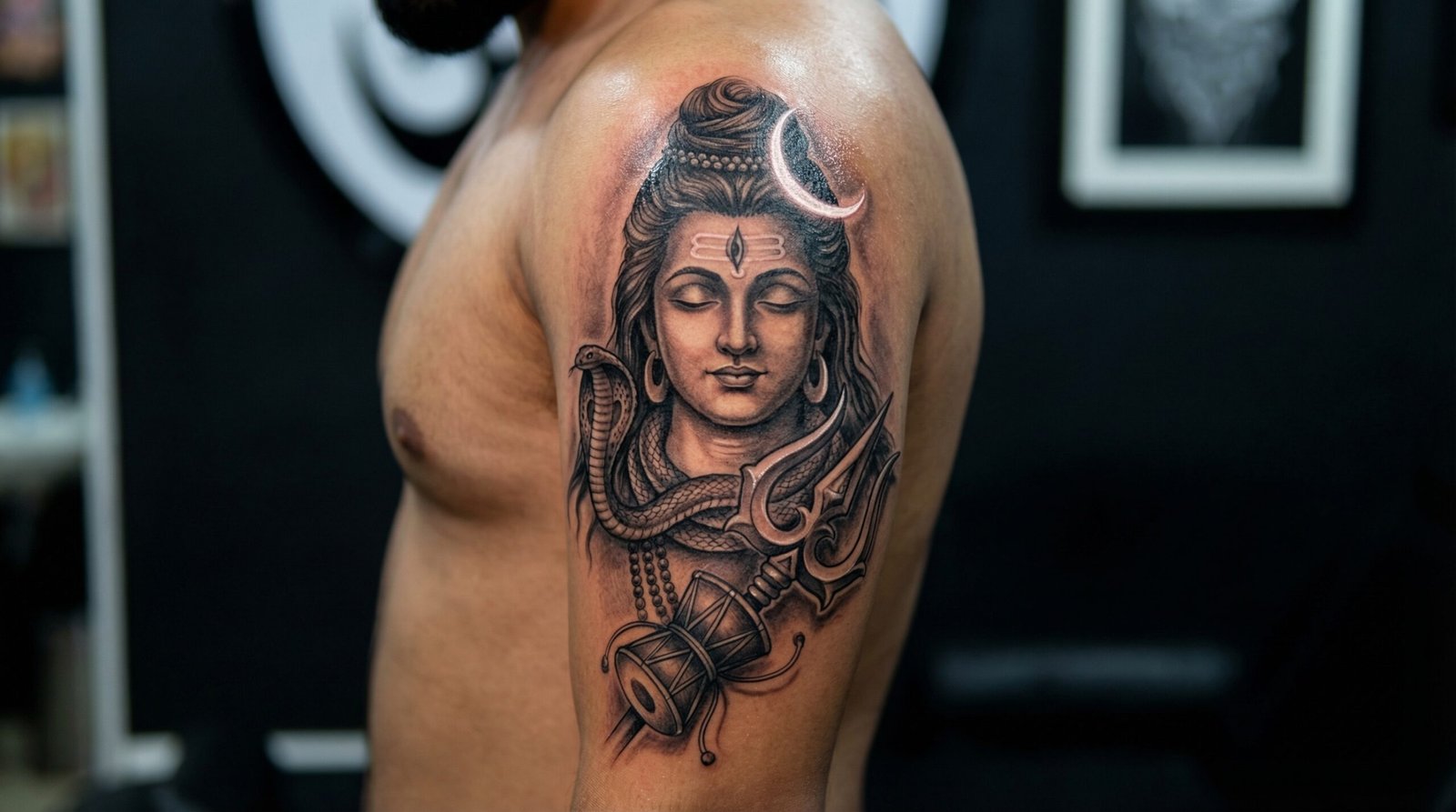 A hyper-realistic black and grey Lord Shiva portrait tattoo crafted by the senior artists at Black Poison Tattoo Studio in Ahmedabad.