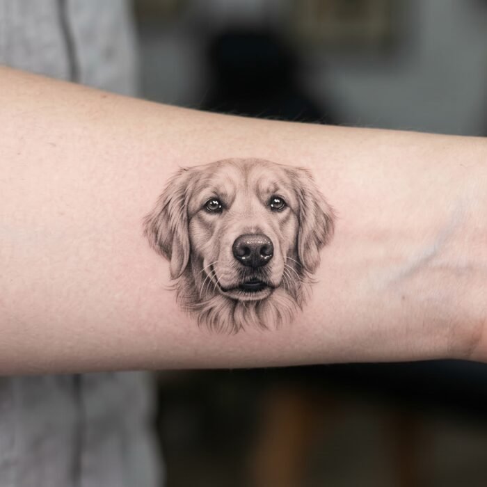 A breathtaking, single-needle micro-realism pet portrait tattoo crafted by the artists at Black Poison Tattoo Studio in Ahmedabad.