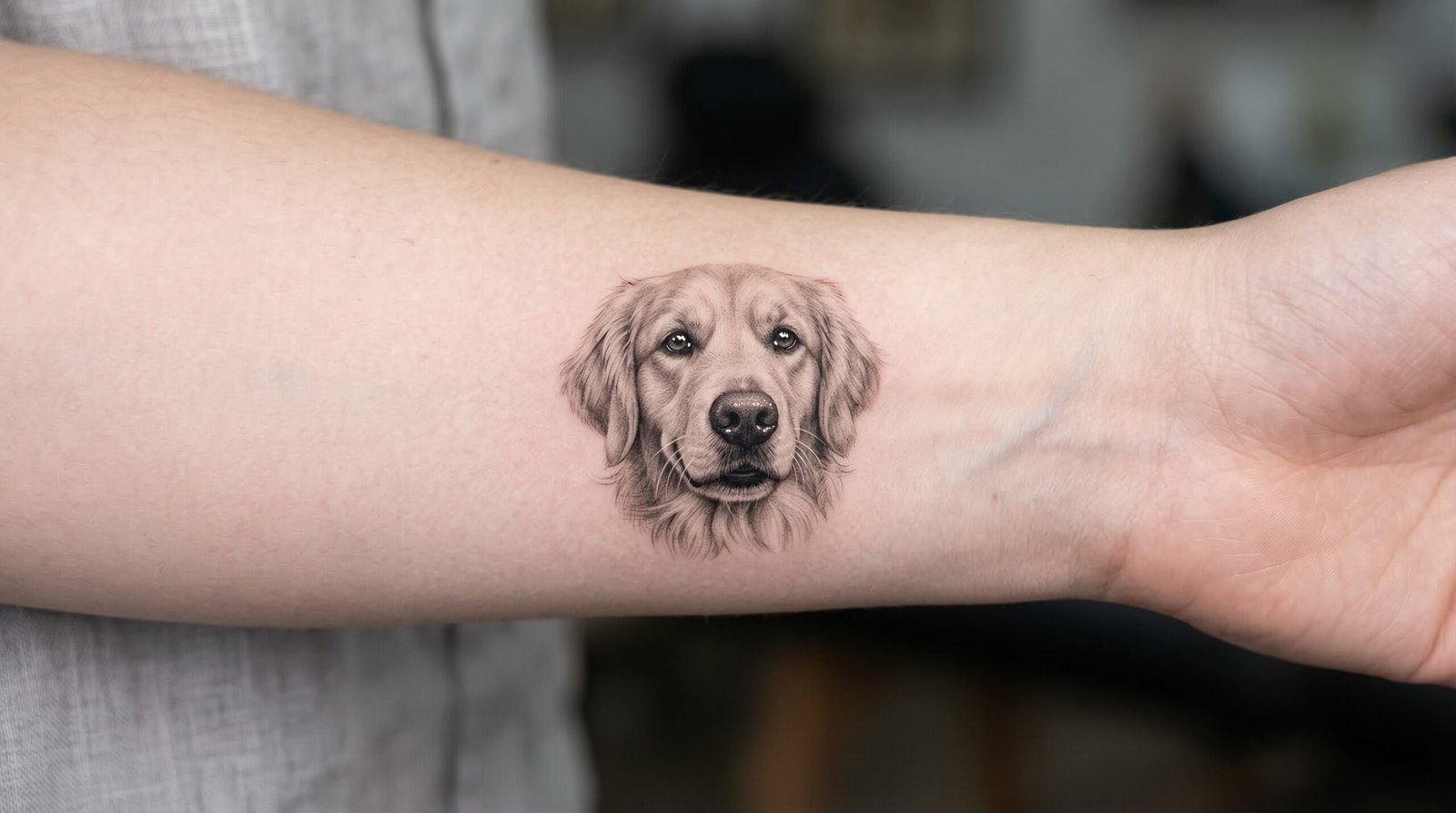 A breathtaking, single-needle micro-realism pet portrait tattoo crafted by the artists at Black Poison Tattoo Studio in Ahmedabad.