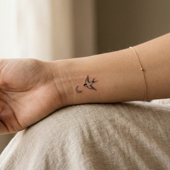 A delicate, perfectly executed minimalist fine line wrist tattoo by the artists at Black Poison Tattoo Studio in Ahmedabad.