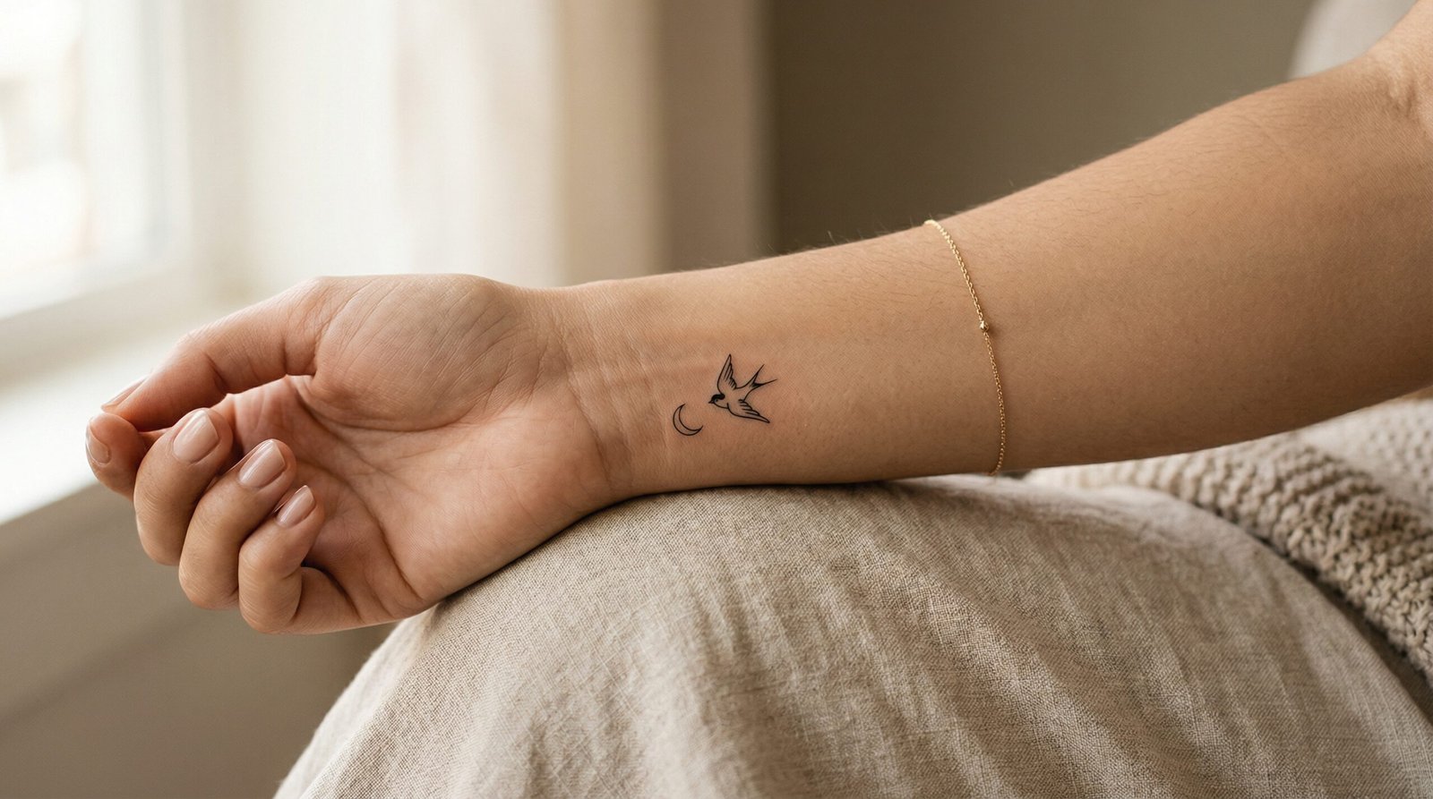 A delicate, perfectly executed minimalist fine line wrist tattoo by the artists at Black Poison Tattoo Studio in Ahmedabad.