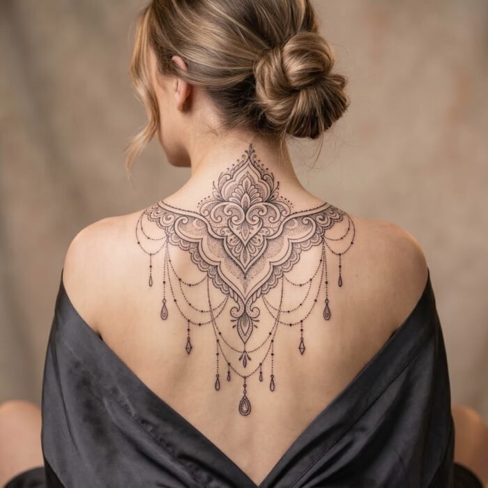 A beautifully elegant, custom fine-line ornamental sternum tattoo designed by the precision artists at Black Poison Tattoo Studio in Ahmedabad.