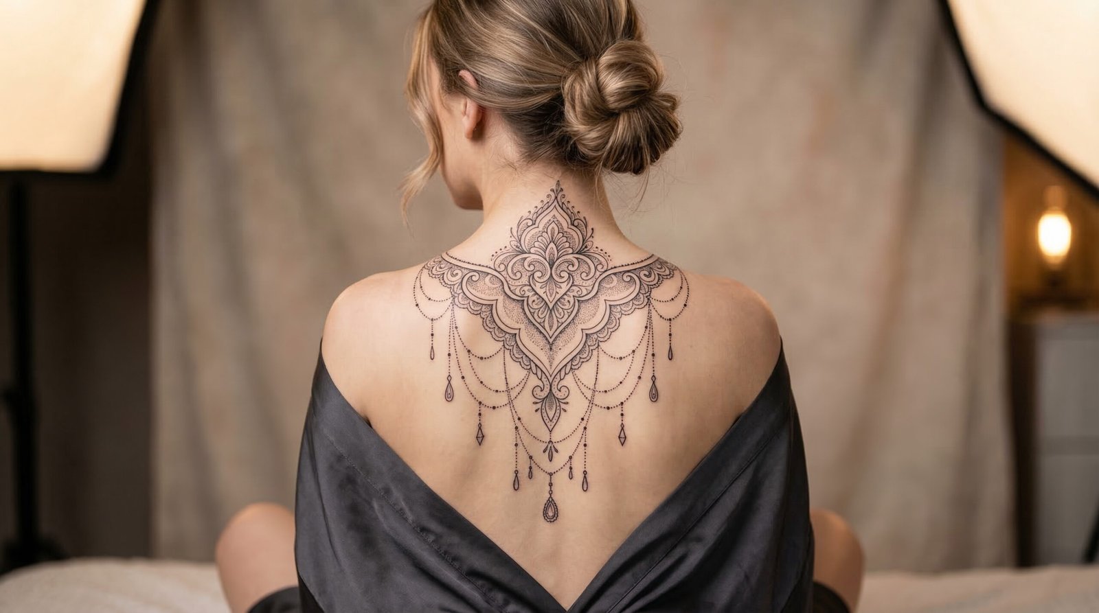A beautifully elegant, custom fine-line ornamental sternum tattoo designed by the precision artists at Black Poison Tattoo Studio in Ahmedabad.