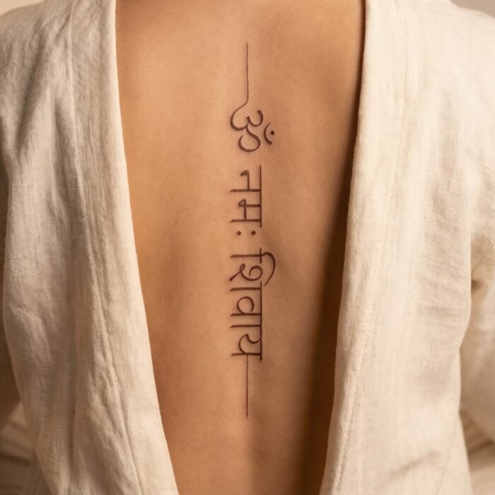 A beautifully precise fine-line Sanskrit mantra spine tattoo crafted by the lettering artists at Black Poison Tattoo Studio in Ahmedabad.