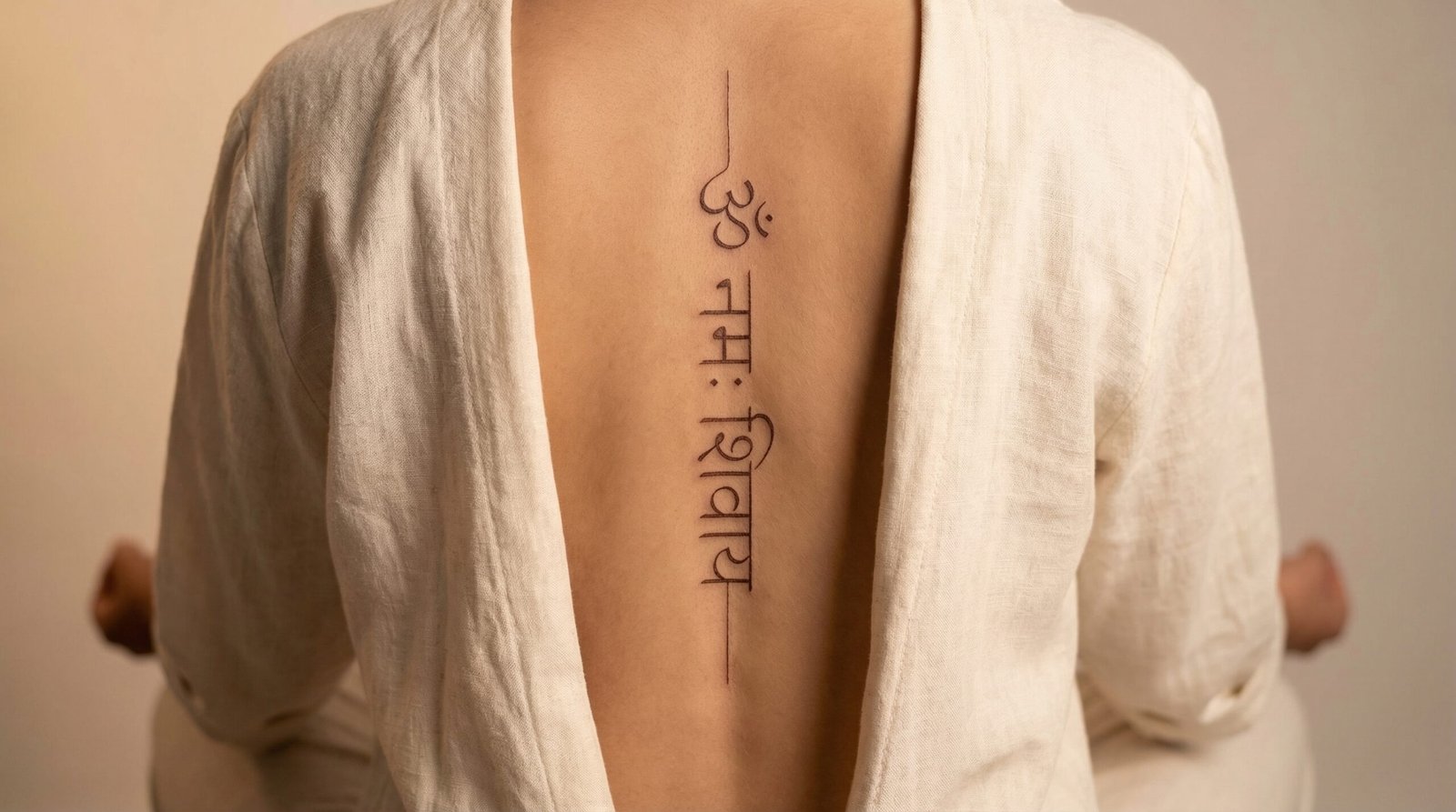 A beautifully precise fine-line Sanskrit mantra spine tattoo crafted by the lettering artists at Black Poison Tattoo Studio in Ahmedabad.