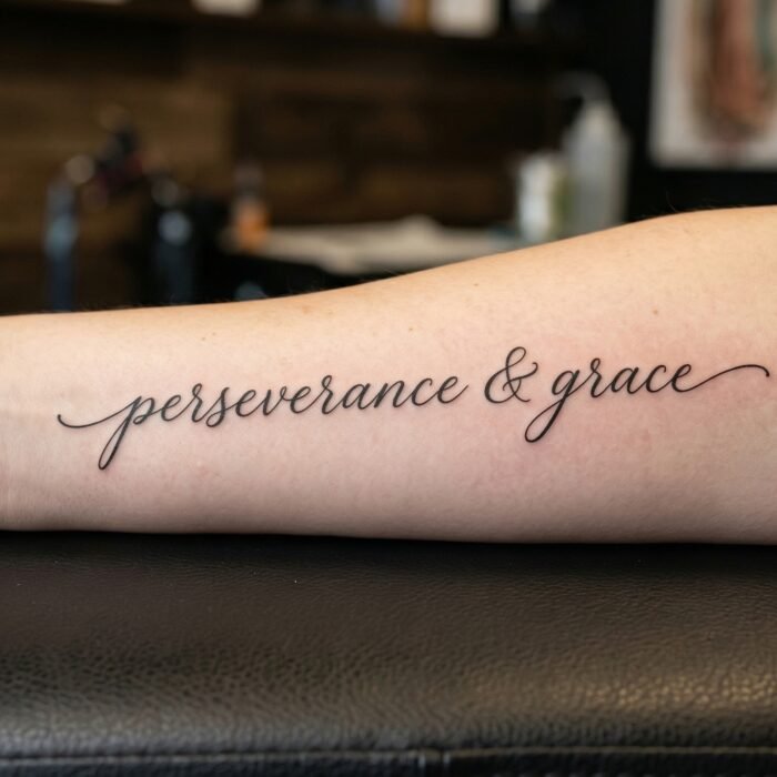 A flawless, custom fine line script tattoo done by the lettering artists at Black Poison Tattoo Studio in Ahmedabad.