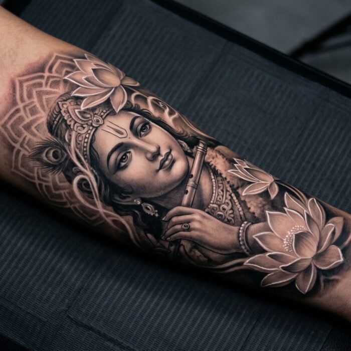 A beautifully healed, custom black and grey spiritual tattoo featuring divine portraiture crafted by the artists at Black Poison Tattoo Studio in Ahmedabad.