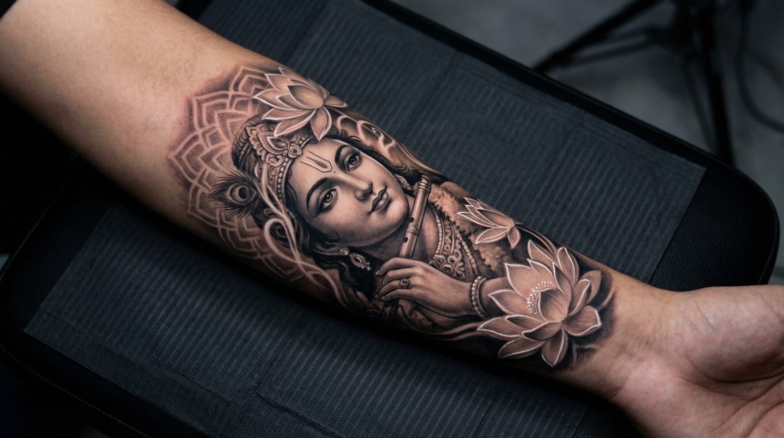 A beautifully healed, custom black and grey spiritual tattoo featuring divine portraiture crafted by the artists at Black Poison Tattoo Studio in Ahmedabad.