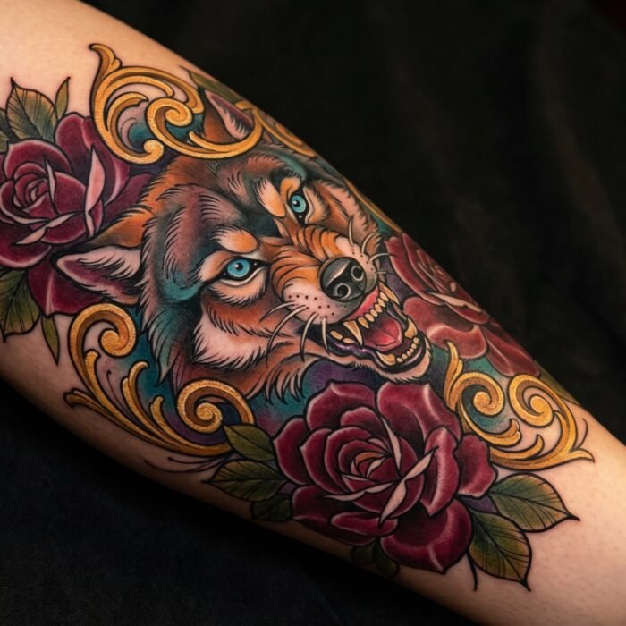 A beautifully vibrant, custom Neo-Traditional wolf and rose tattoo crafted by the artists at Black Poison Tattoo Studio in Ahmedabad.