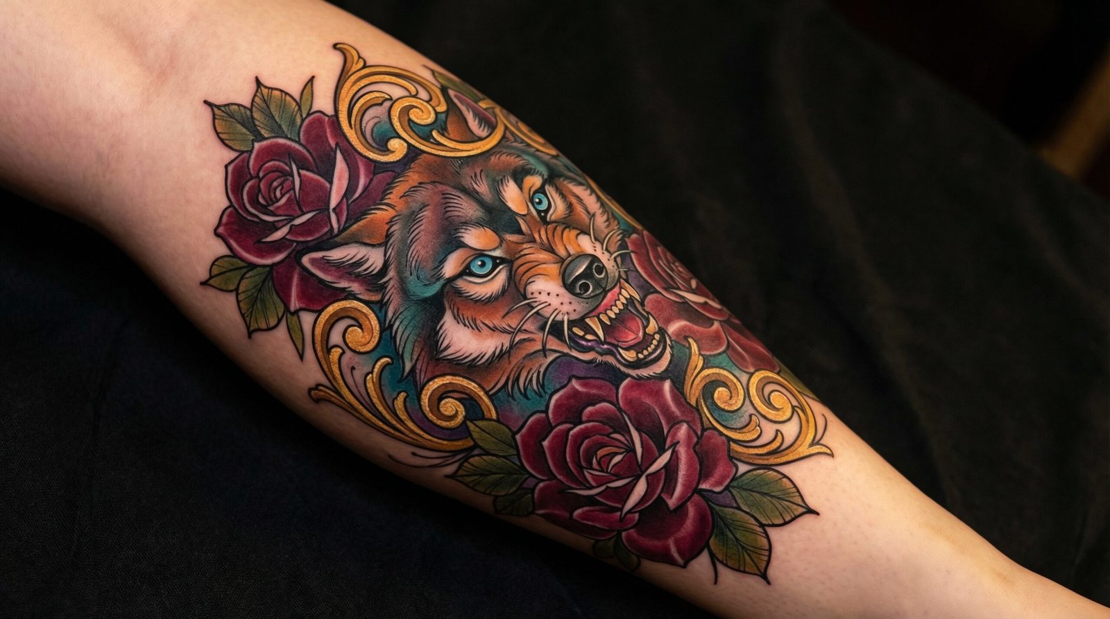 A beautifully vibrant, custom Neo-Traditional wolf and rose tattoo crafted by the artists at Black Poison Tattoo Studio in Ahmedabad.