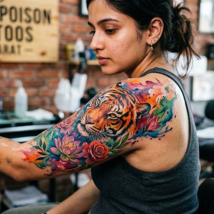 A vibrant, custom watercolor splash and fine-line compass tattoo created by the artists at Black Poison Tattoo Studio in Ahmedabad.