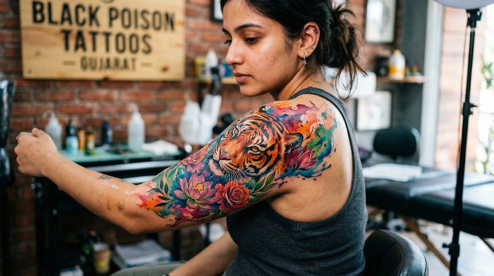 A vibrant, custom watercolor splash and fine-line compass tattoo created by the artists at Black Poison Tattoo Studio in Ahmedabad.