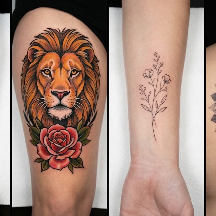 A collage showing distinct tattoo art styles including realism, traditional, fine line, and geometric by Black Poison Tattoo Studio in Ahmedabad.