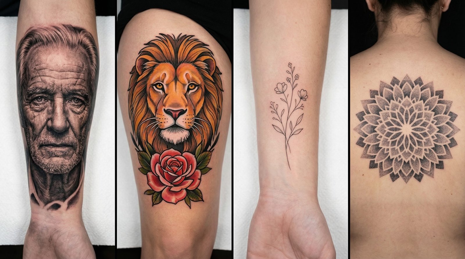 A collage showing distinct tattoo art styles including realism, traditional, fine line, and geometric by Black Poison Tattoo Studio in Ahmedabad.