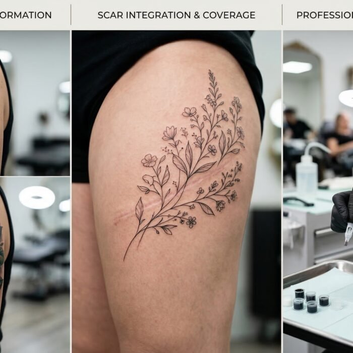 A collage highlighting advanced cover-ups and specialty tattoo services provided by Black Poison Tattoo Studio in Ahmedabad.