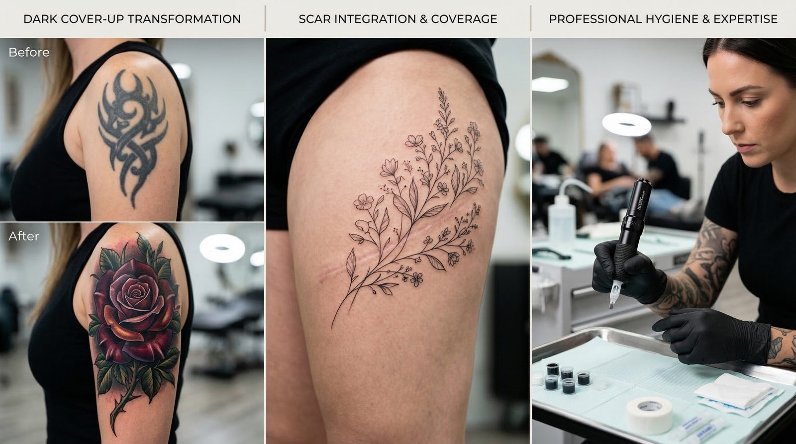 A collage highlighting advanced cover-ups and specialty tattoo services provided by Black Poison Tattoo Studio in Ahmedabad.