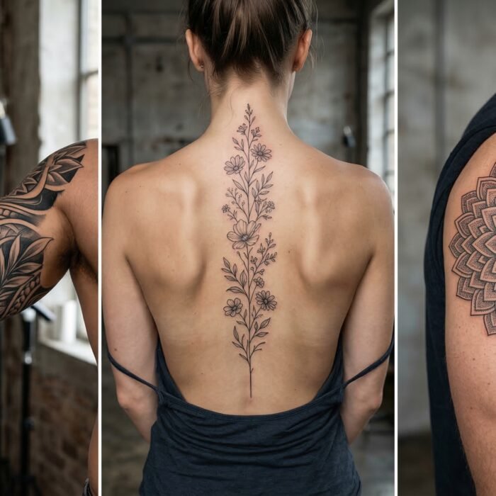 A collage of perfectly mapped tattoos on the arm, spine, and shoulder crafted by the artists at Black Poison Tattoo Studio in Ahmedabad.