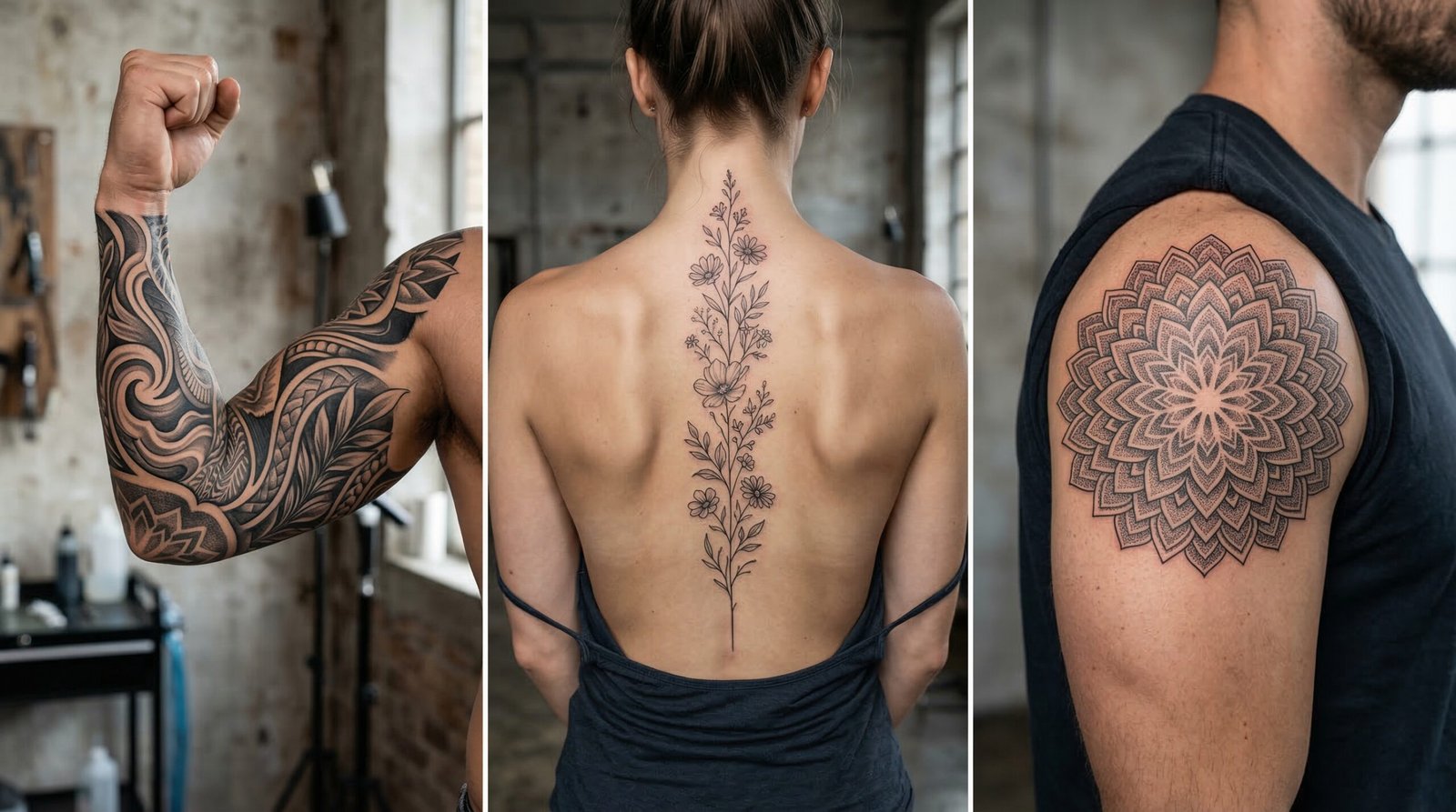 A collage of perfectly mapped tattoos on the arm, spine, and shoulder crafted by the artists at Black Poison Tattoo Studio in Ahmedabad.