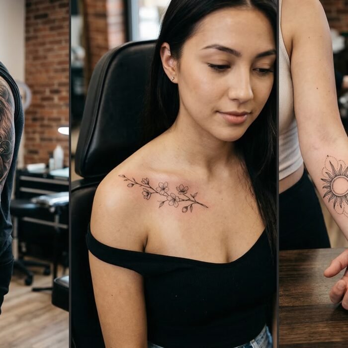 A collage displaying tattoos for men, women, and couples crafted by the artists at Black Poison Tattoo Studio in Ahmedabad.