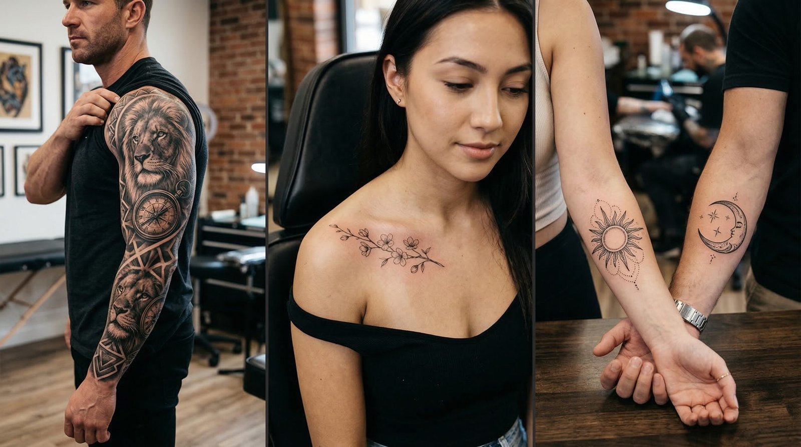 A collage displaying tattoos for men, women, and couples crafted by the artists at Black Poison Tattoo Studio in Ahmedabad.
