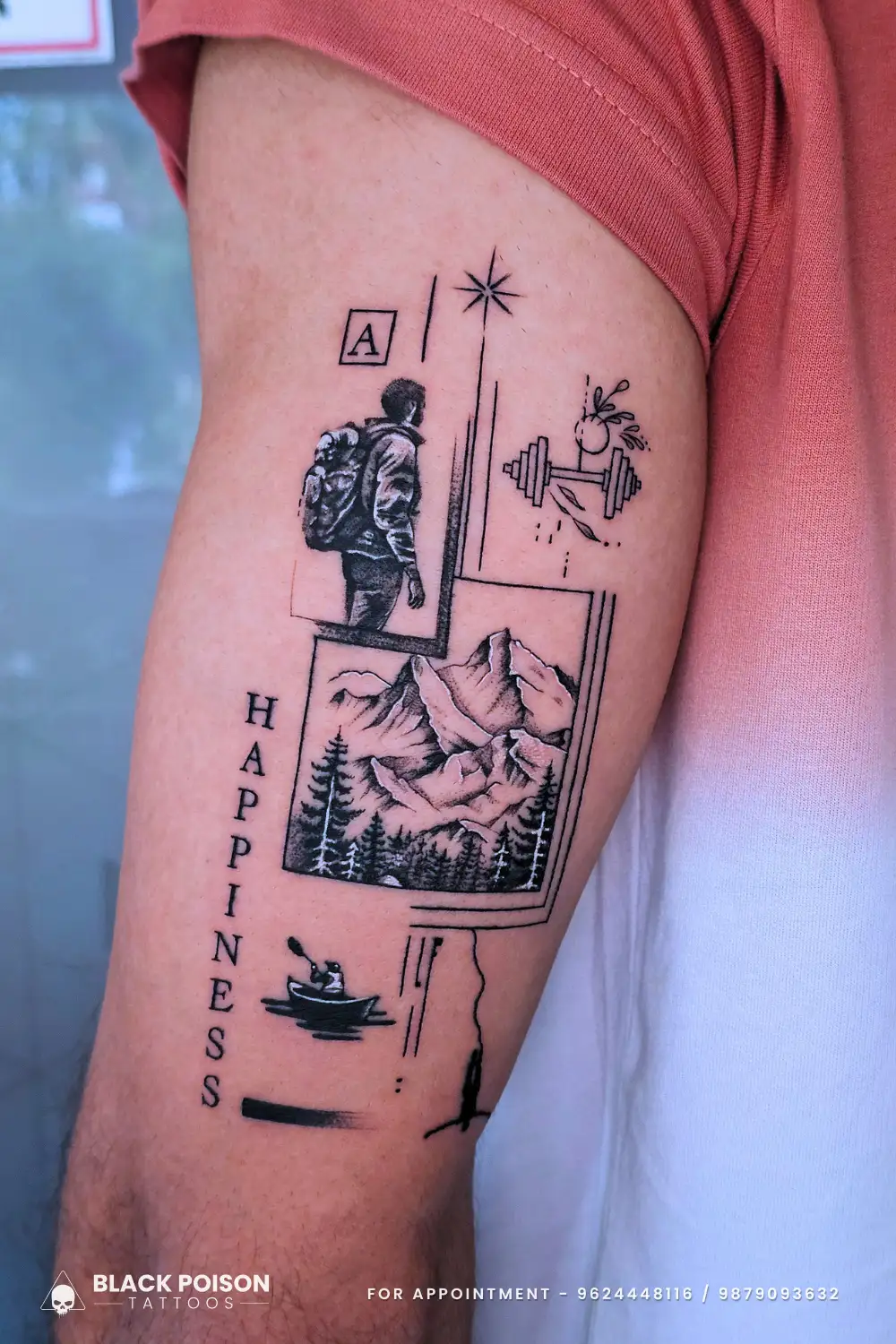 Fine line illustrative collage tattoo featuring a hiker, mountains, kayaker, and barbell on the upper arm, done at Black Poison Tattoo Studio in Ahmedabad.