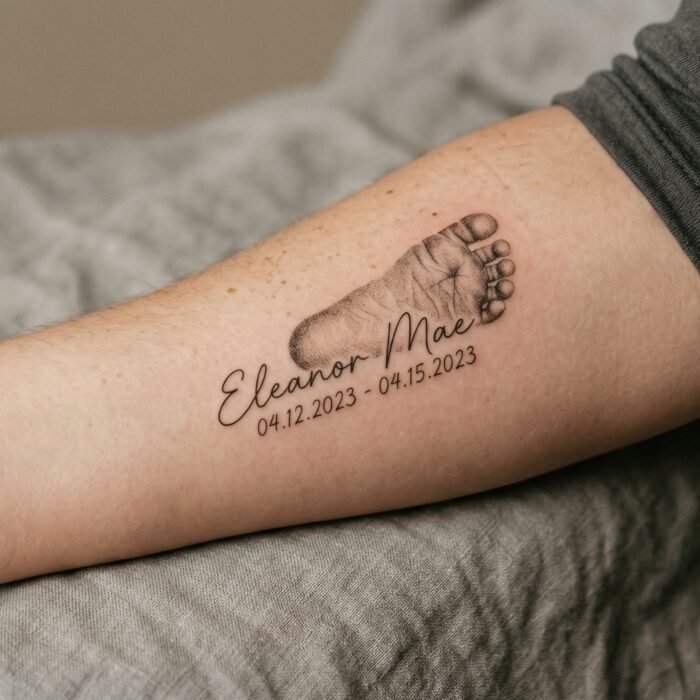 A delicate fine line baby footprint and custom name memorial tattoo done by the artists at Black Poison Tattoo Studio in Ahmedabad.