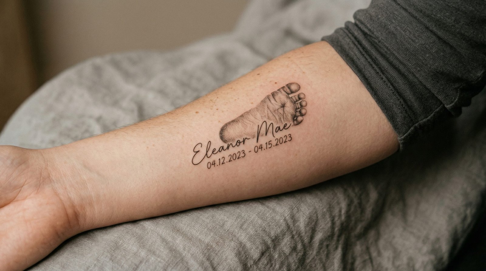 A delicate fine line baby footprint and custom name memorial tattoo done by the artists at Black Poison Tattoo Studio in Ahmedabad.